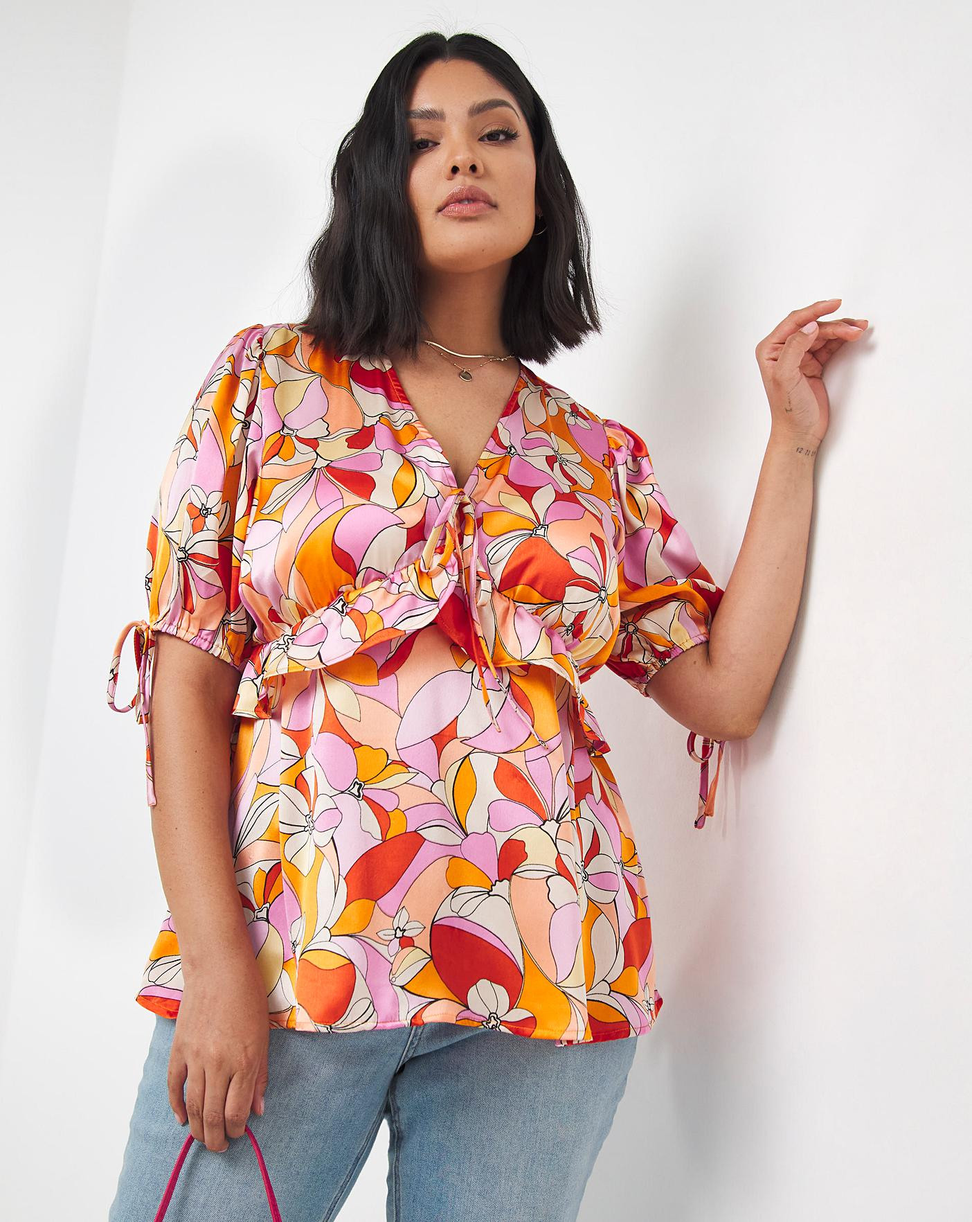 Retro Floral Print Satin Ruffle Front Blouse | Simply Be (UK)