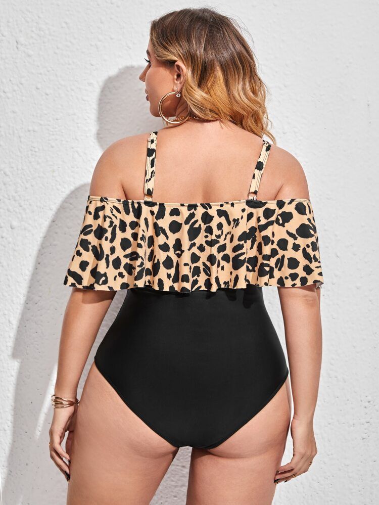 EMERY ROSE Plus Leopard Ruffle Trim One Piece Swimsuit | SHEIN