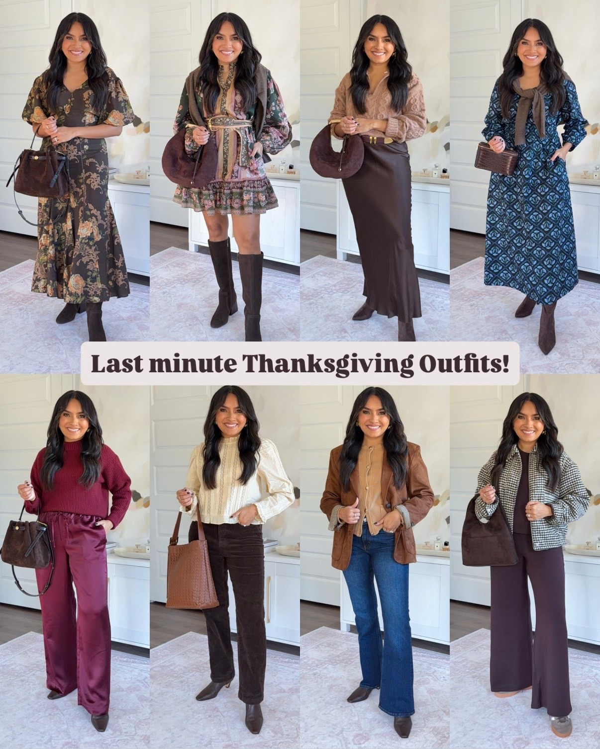 Last minute Thanksgiving Outfits!
For reference: I’m 5’0, 32b bra size, and 2/26 in bottoms, pear shaped. 
*Everything I share is unaltered! TTS means true to size. Between size 5-6.6 in shoes

Brown floral dress size xs TTS
Chocolate brown suede waterproof boots size 6 TTS

Green floral belted dress size xxs TTS
Chocolate brown suede waterproof boots size 6 TTS

Brown collard cable sweater size xs TTS
Belt size xs TTS
Brown hot fudge maxi satin skirt size xs TTS
Brown boots size 5.5 TTS

Blue printed long sleeve dress size 00 regular TTS - i wanted this dress to fit full length so i went with the regular sizing
Brown boots size 5.5 TTS

Burgundy sweater - old, similar linked
Burgundy smocked garnet satin pants size xs regular - i wanted a full length longer pant so i went with regular sizing but these do come in petite!
Dark brown leather booties size 5.5 TTS

Cream lace blouse size 2 TTS
Brown iced espresso corduroy pants size 2 regular - I wanted a full length pant so I went with the regular size, I have a little room in the waist but wouldn’t size down!
Dark brown leather booties size 5.5 TTS

Suede blazer size xxs TTS, Code RACHEL15 
Camel sweater jacket cardigan size xs TTS
Midnight blue flare jeans size 26, 30” inseam TTS
Dark brown leather booties size 5.5 TTS

Brown houndstooth jacket size xs TTS
Truffle brown crewneck tunic size xs TTS - CODE: HONEYSWEETXSPANX for 15% off first purchase + free shipping, excluding sales
Truffle brown wide leg pants size xs petite TTS - CODE: HONEYSWEETXSPANX for 15% off first purchase + free shipping, excluding sales
 Earth Strata / Off White / Gum sneakers size 6 TTS



Thanksgiving outfits petite
fall outfit ideas
thanksgiving outfit ideas
petite fall outfits
cozy fall outfits
holiday outfit ideas
fall capsule wardrobe
petite fashion finds
thanksgiving dinner outfit
casual thanksgiving outfits
fall outfits for petites
petite style guide
fall outfit inspo
petite thanksgiving style
what to wear for thanksgiving
petite friendly pieces
Rachel Miranda Blog
Honeysweetpetite



#LTKStyleTip #LTKCyberWeek #LTKHoliday