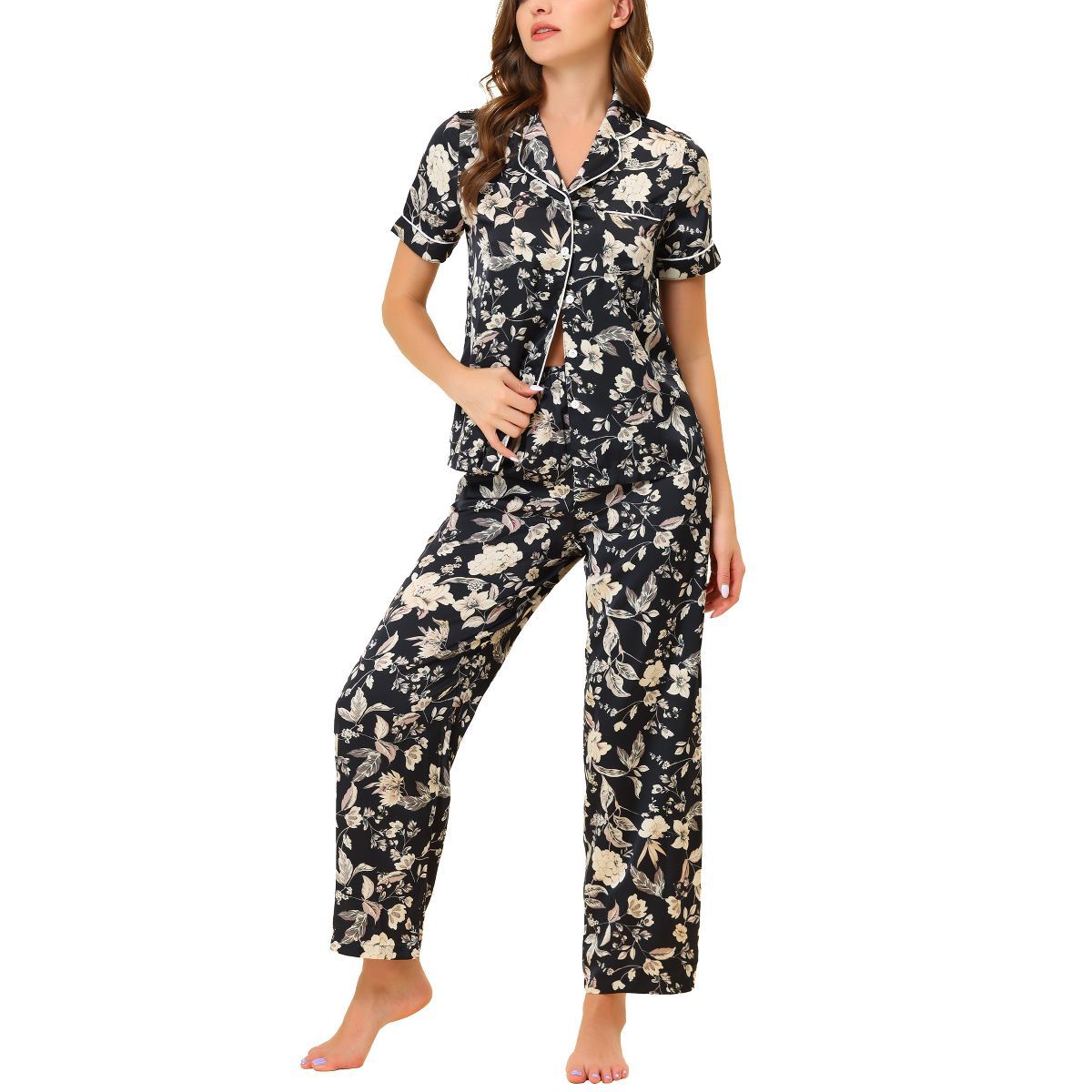 cheibear Women's Silky Floral Short Sleeves Sleepshirt with Pants Pjs Set 2 Pcs | Target