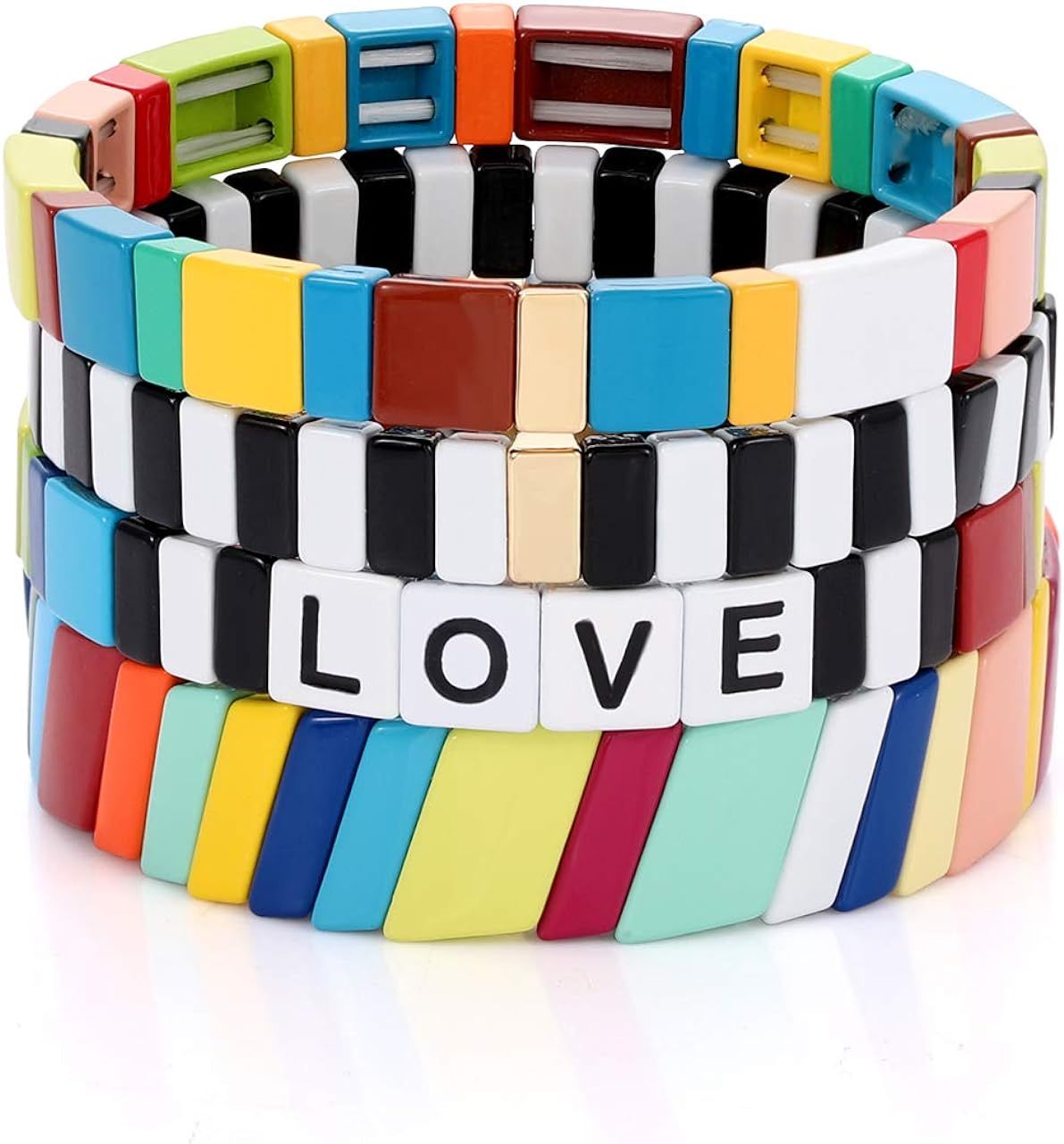HZEYN Enamel Tile Bracelet Stackable Rainbow Tile Bead Love Stretchy Bracelet Colorblock Enamel B... | Amazon (US)
