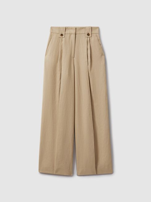 Reiss Light Khaki Leila Linen Front Pleat Trousers | Reiss UK