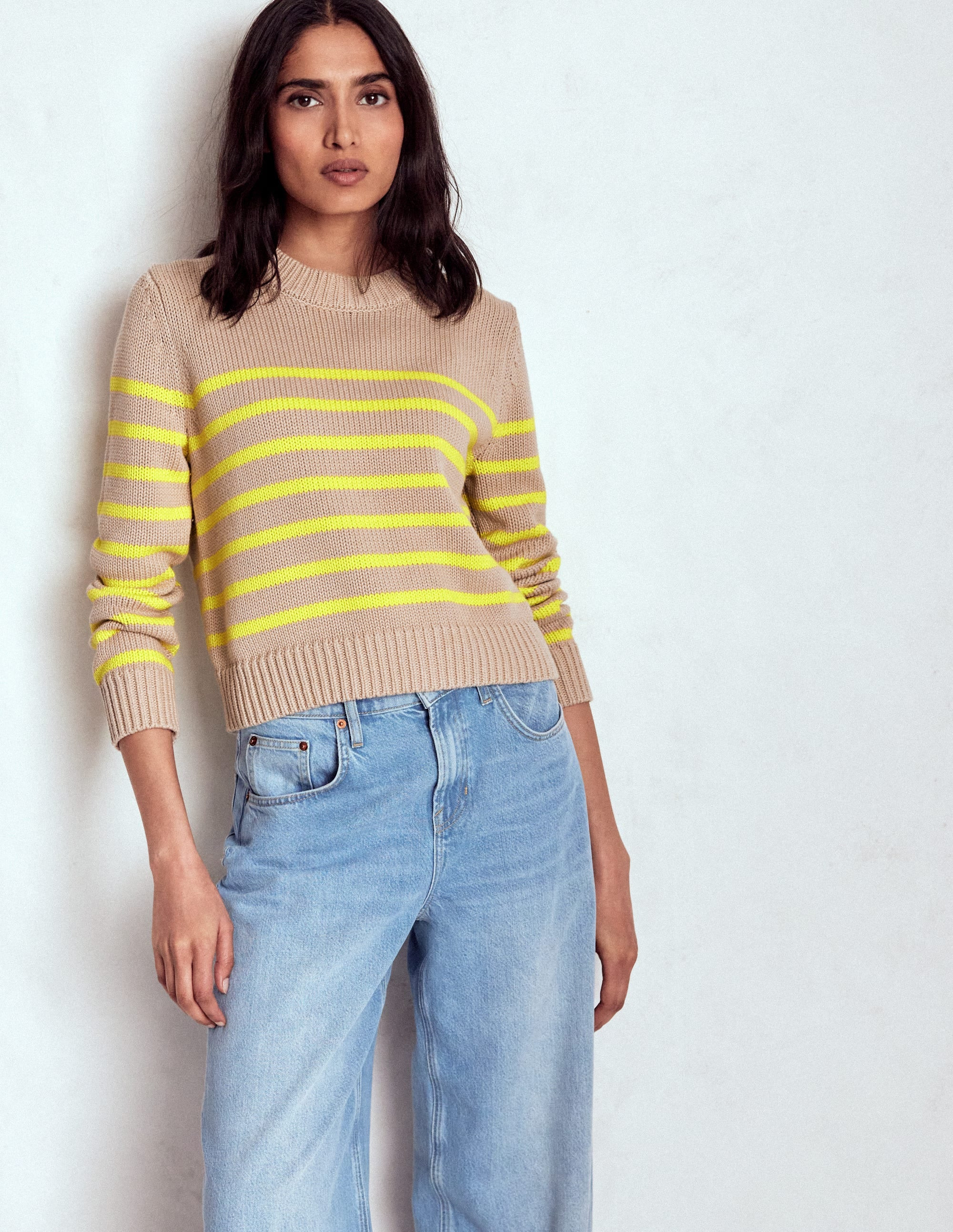 Lucy Chunky Cotton Sweater-Camel Melange, Neon Stripe | Boden (US)