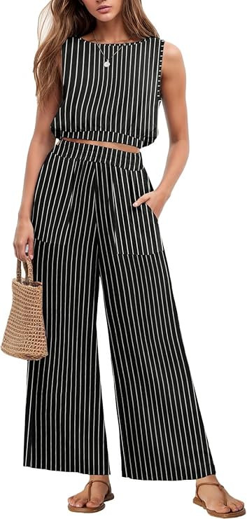 GRECERELLE Two Piece Sets for Women Sleeveless Crop Top Wide Leg Pants Sweat Set for Women Tracks... | Amazon (US)