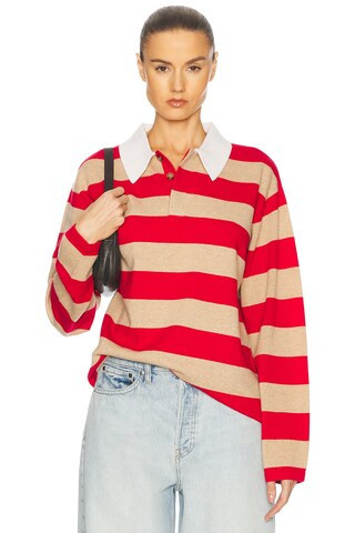 Guest In Residence Striped Rugby Cashmere Top in Dune & True Red Stripe - Red,Tan. Size L (also in XL). | FWRD 