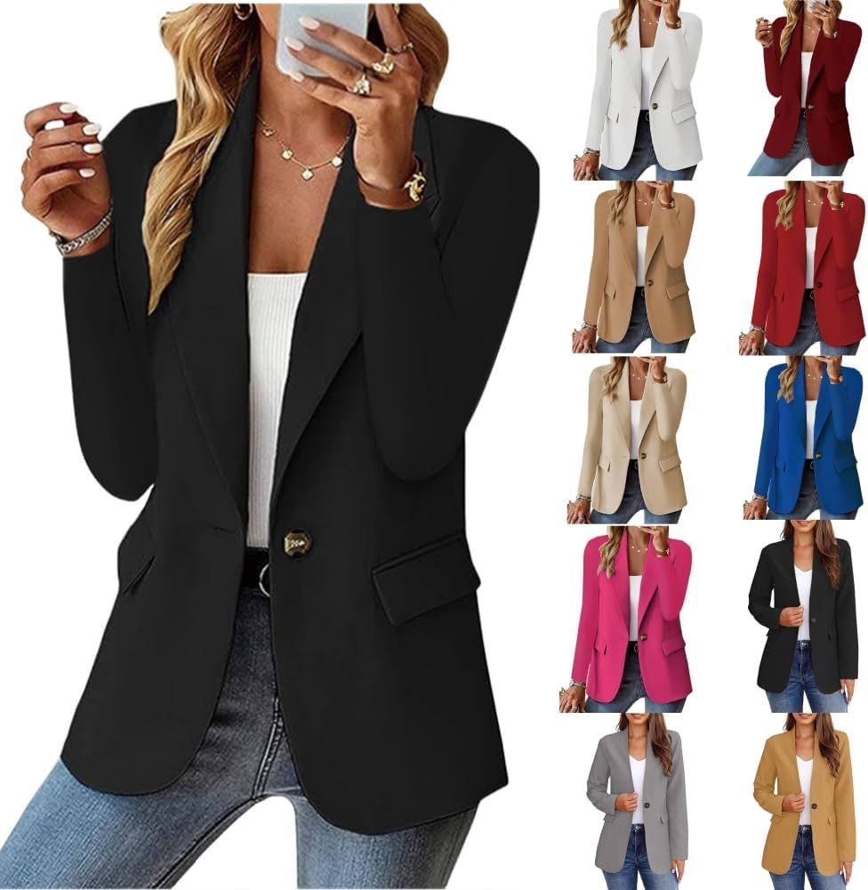 Blazers for Women Bussiness Casual Long Sleeve Button Down Blazer Jacket Work Solid Lapel Suite J... | Amazon (US)