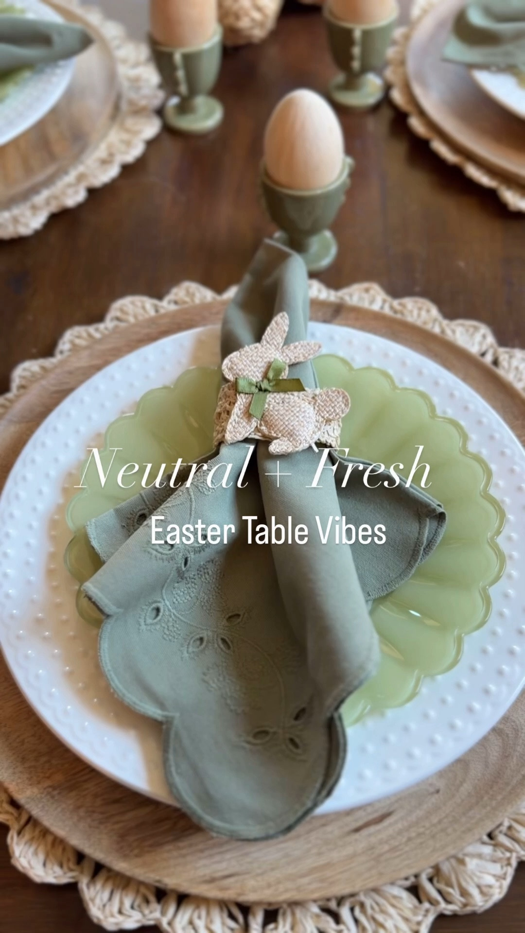 Beautiful simple and natural spring Easter table inspiration featuring wood chargers, natural elements like raffia, with accents of sage green, wood chargers, bunny napkin rings , Easter home decor accents 

#LTKSpringSale #LTKSeasonal #LTKHome