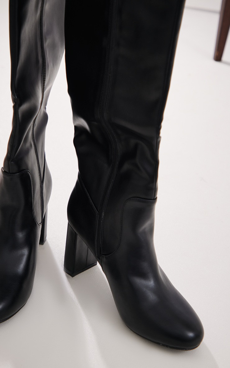 Black PU Round Toe Stitch Detail High Block Heeled Knee Boots | PrettyLittleThing UK