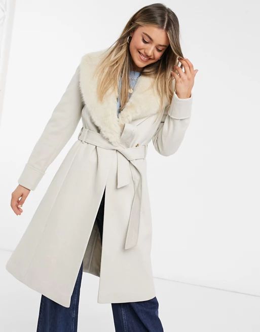 Miss Selfridge tailored coat with faux fur trim in cream | ASOS (Global)