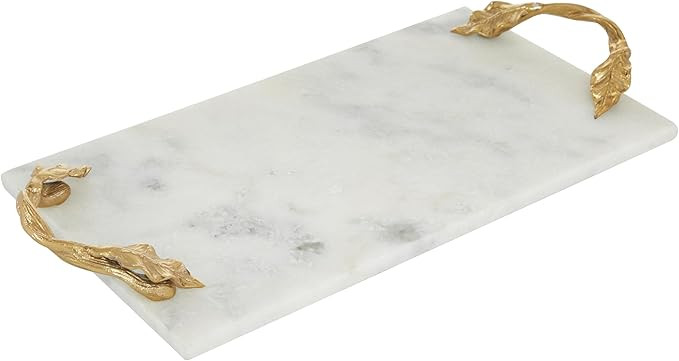 Deco 79 Marble Rectangle Tray with Gold Twisted Leaf Handles, 21" x 10" x 2", White | Amazon (US)
