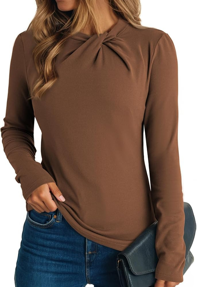 Dokotoo Womens Tops Business Casual Outfits Long Sleeve Shirts Mock Neck Twist Knot Slim Fit Soft... | Amazon (US)