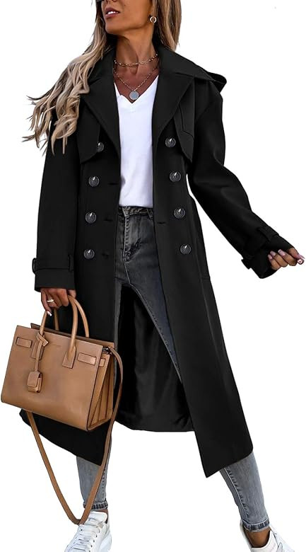 Fisoew Women's Double Breasted Long Trench Coat Windproof Classic Lapel Belted Overcoat with Pock... | Amazon (US)