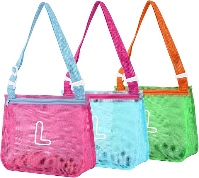 3Pcs Personalized Kids Beach Shell Bag, Initial Seashell Mesh Zipper Beach Pouch, Shell Collectin... | Amazon (US)