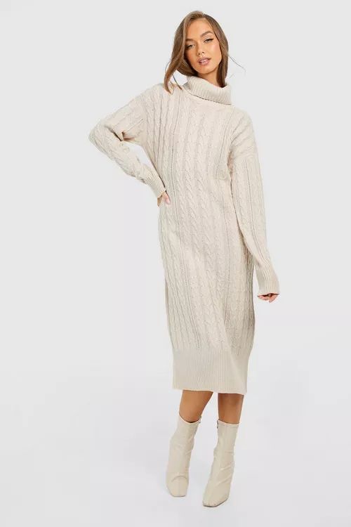 Cable Knit Turtleneck Midi Dress | Boohoo.com (US & CA)