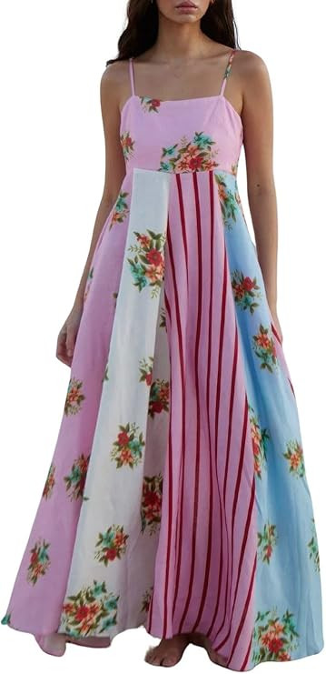 ebossy Women's Floral Striped Back Smocked Maxi Dress Spaghetti Strap Flowy Swing A-Line Sundress... | Amazon (US)