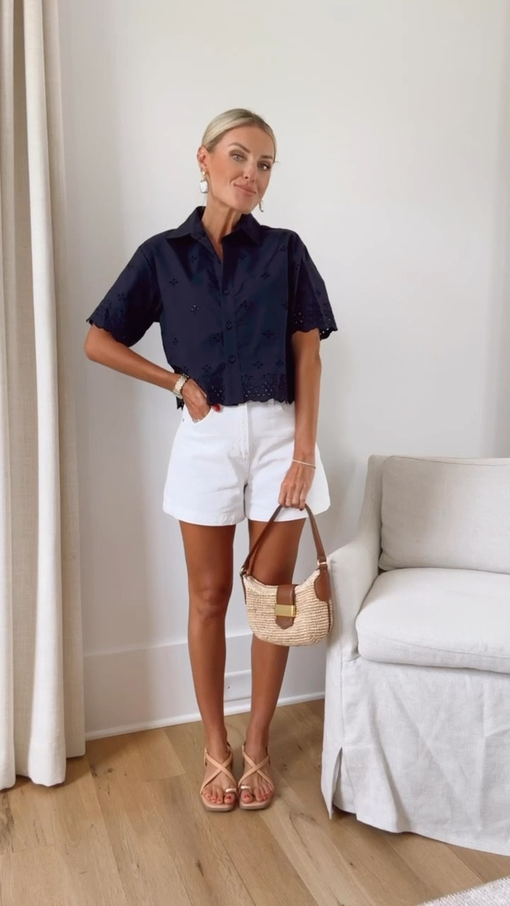 This would make such a cute Fourth of July outfit 💕 wearing XS in the top and 25 in the shorts. 

Loverly Grey, Walmart find, Pistola, Fourth of July outfit ideas, summer fashion, summer outfit ideas, navy eyelet top, navy cropped button down, white denim shorts, white jean shorts 

#LTKFindsUnder50 #LTKSeasonal #LTKStyleTip