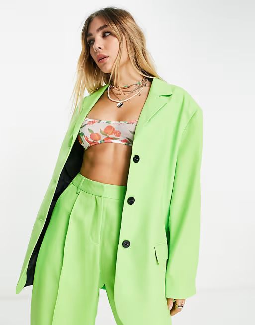 Topshop Tailored oversized single breasted blazer in bright green - part of a set | ASOS (Global)