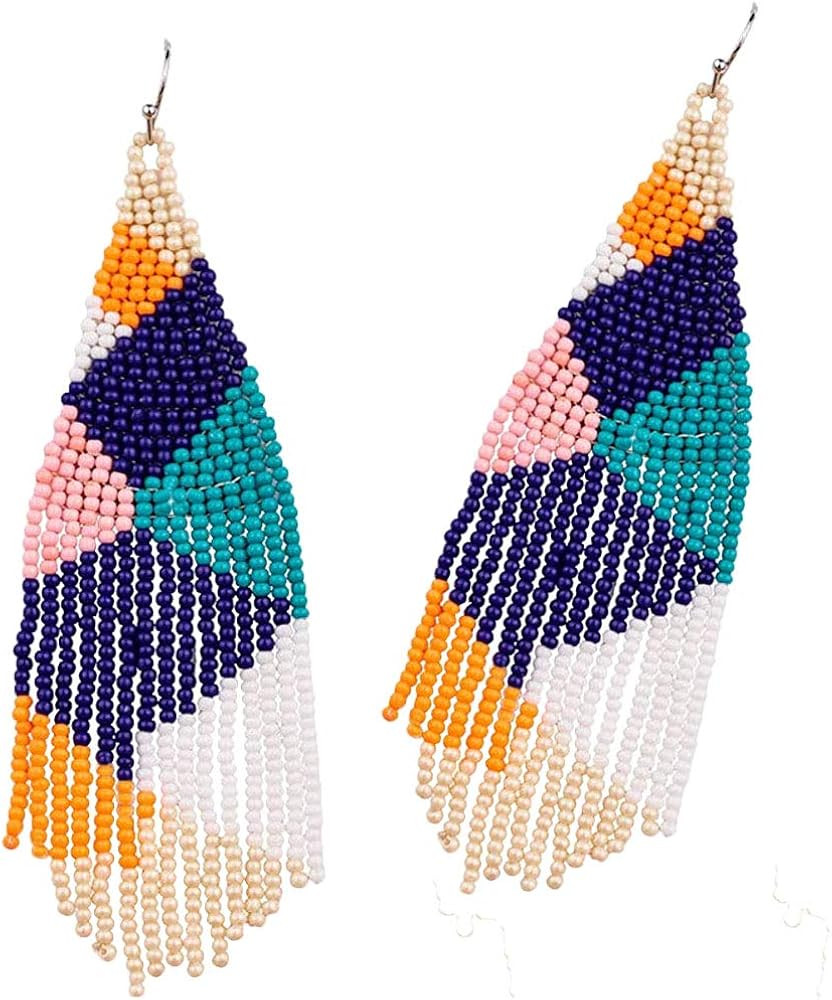 Long Beaded Tassel Earrings – Classic Plaid Fringe Drop Earrings, Seed Bead Tribal Dangle Earri... | Amazon (US)