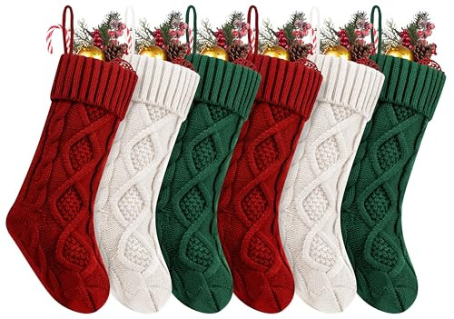 6Pack Personalized Christmas Stockings with Leather Custom Self-Adhesive Name Tags, 18 Inches Cable Knitted Stocking for Family, Xmas Holiday Party Gifts & Decoration for Fireplace(White&Red&Green) | Amazon (US)