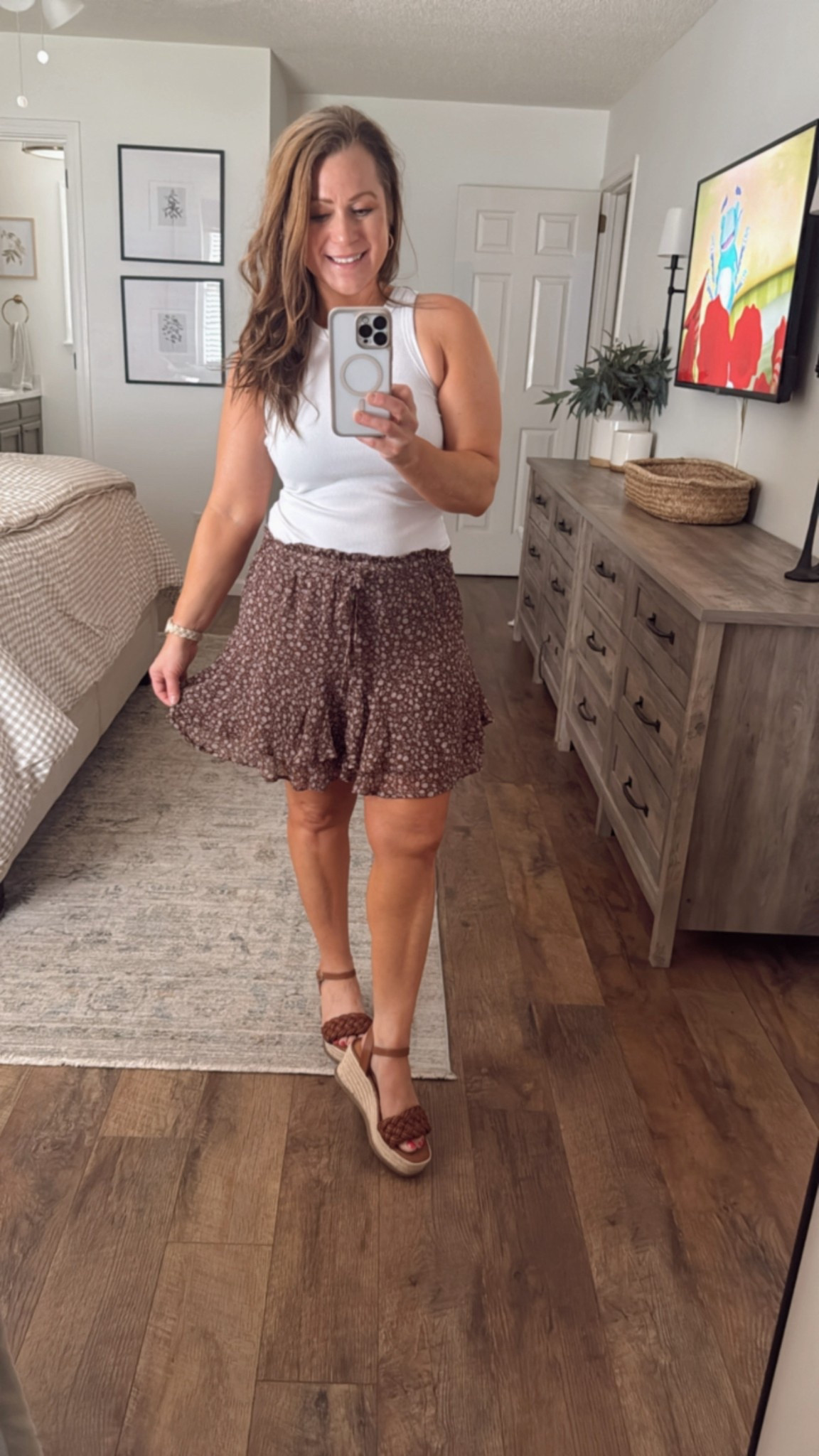 Outfit I wore to my son’s award ceremony at school 

Racerback tank
Flowy, floral skort
Sandals
Layered necklaces 
Earrings 
Convertible bra (no underwire)

I am in a small in tank, skort and bra, shows TTS 

#LTKPetite #LTKStyleTip #LTKMidsize
