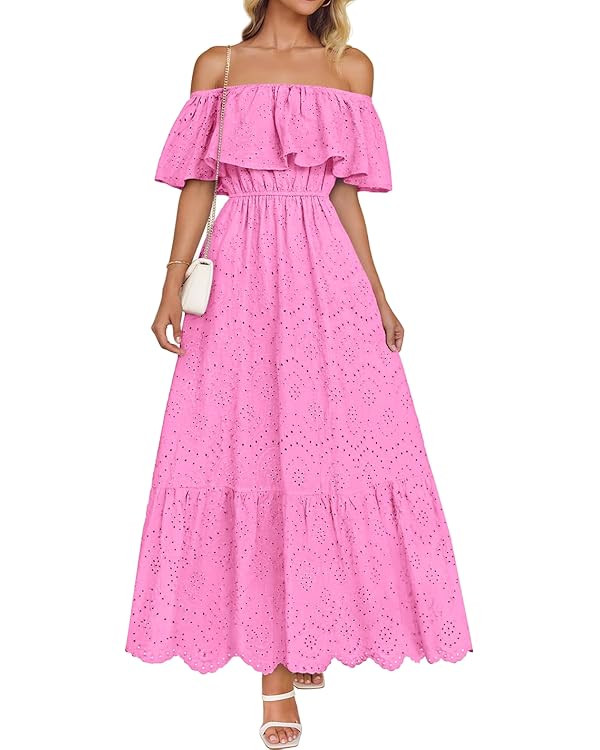 ZESICA Women's 2025 Summer Off Shoulder Ruffle Midi Dress Short Sleeve High Waist Hollow Out Embr... | Amazon (US)