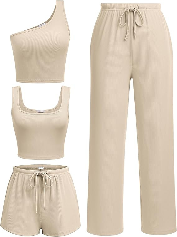 Ekouaer Womens 4 Piece Lounge Sets Ribbed Knit Crop Tank Top and Shorts Pants Casual Outfits | Amazon (US)