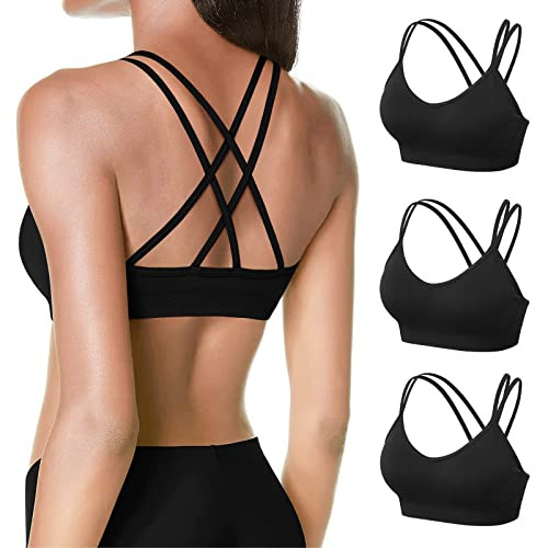 3 Pack Strappy Women Sports Bras Crisscross Back Medium Impact Workout Running Yoga Bra with Padded Removal Cups | Amazon (US)