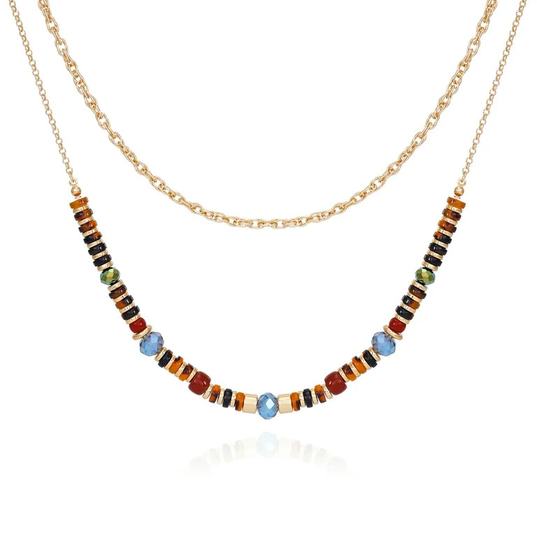 Time and Tru Women's 24.5" Gold Tone Layered Necklace with Tonal Brown Beaded Stations | Walmart (US)