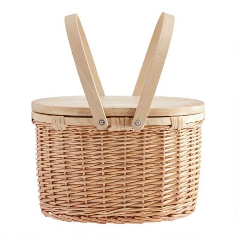 Natural Wicker and Pine Wood Insulated Picnic Basket | World Market