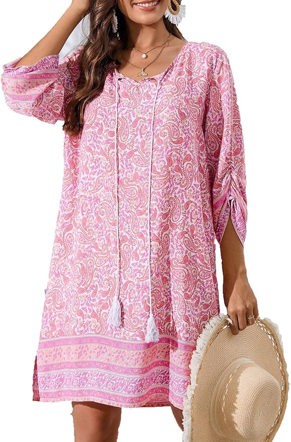 Zeagoo Womens Boho Dresses Casual Beach Summer Dress Tassel Tie Neck 3/4 Long Sleeve Mini Sundres... | Amazon (US)