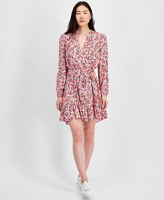 Women's Floral-Print Sandbar Tie-Front Fit & Flare Tiered Dress | Macy's