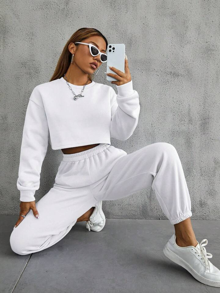 Solid Drop Shoulder Crop Sweatshirt & Sweatpants | SHEIN