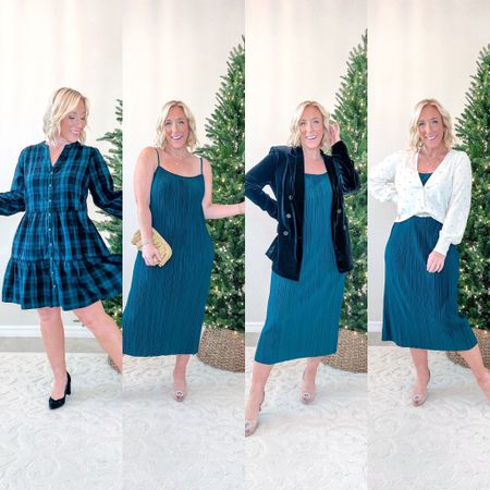 Walmart holiday new arrivals -
1. Plaid dress - size medium. Soft plaid, functional buttons, has pockets. 
2. Pleated slip dress - size medium. Comes in another color.
3. Velvet blazer - size medium. Relaxed fit with double breasted front.
4. Party cardigan - size medium. Soft with embellished rhinestones & rhinestone buttons.
Clear rhinestone heels  - tts. 

#LTKfindsunder50 #LTKSeasonal #LTKHoliday