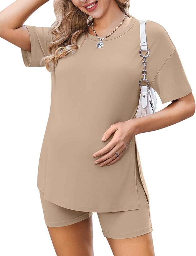 Ekouaer Women's Maternity Pajamas Sets 2 Piece Outfits Short Sleeve Shirts and Biker Shorts Pregn... | Amazon (US)