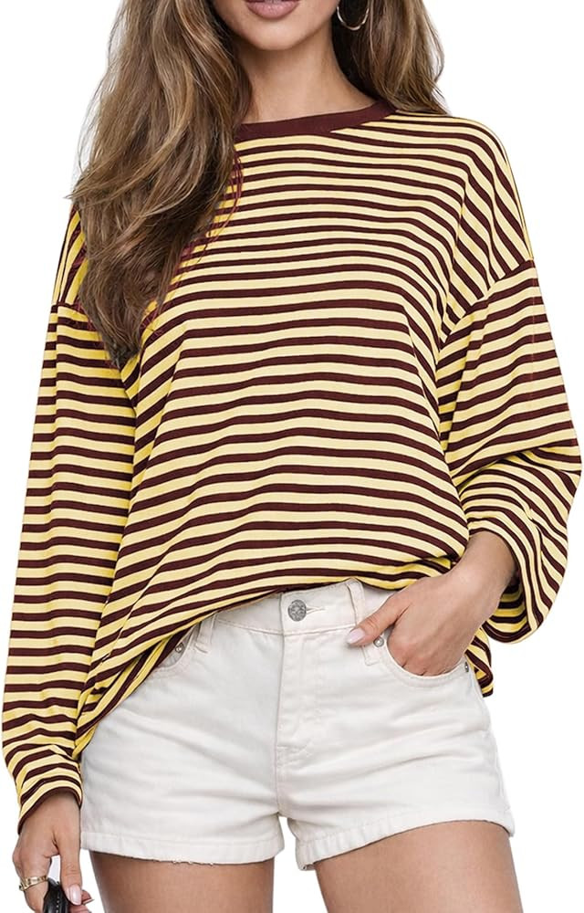 CHYRII Women Oversized Striped Long Sleeve T Shirt Fashion 2026 Crewneck Casual Fall Spring Tops ... | Amazon (US)