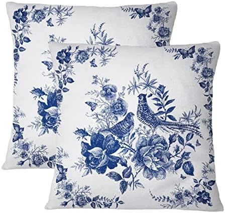 Blue and White Porcelain Style Throw Pillow Covers Set of 2 Flowers and Birds Couch Cushion Cover... | Amazon (US)