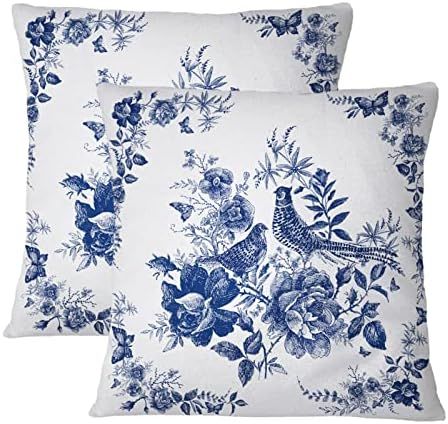 Amazon.com: Blue and White Porcelain Style Throw Pillow Covers Set of 2 Flowers and Birds Couch C... | Amazon (US)