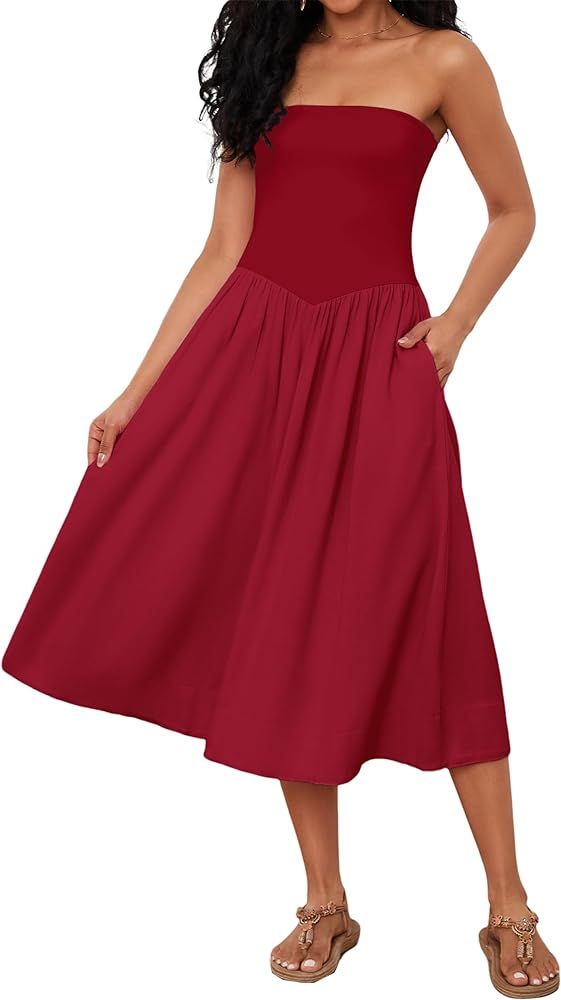 Livtany Women Off Shoulder Midi Dress Strapless Sleeveless Drop-Waist A Line Tube Dress Trendy Su... | Amazon (US)
