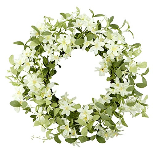 WreathDream 18'' Spring Wreath Summer Wreath for Front Door with Green Eucalyptus Leaves and White Cherry Blossoms for Home Outdoor Farmhouse Porch Wall Decoration, White Gift Box Included | Amazon (CA)