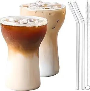 2 Pcs Iced Coffee Glasses Cup with Glass Straws 14oz Drinking Glass Cup Set,Iced Latte Glasses,Co... | Amazon (US)