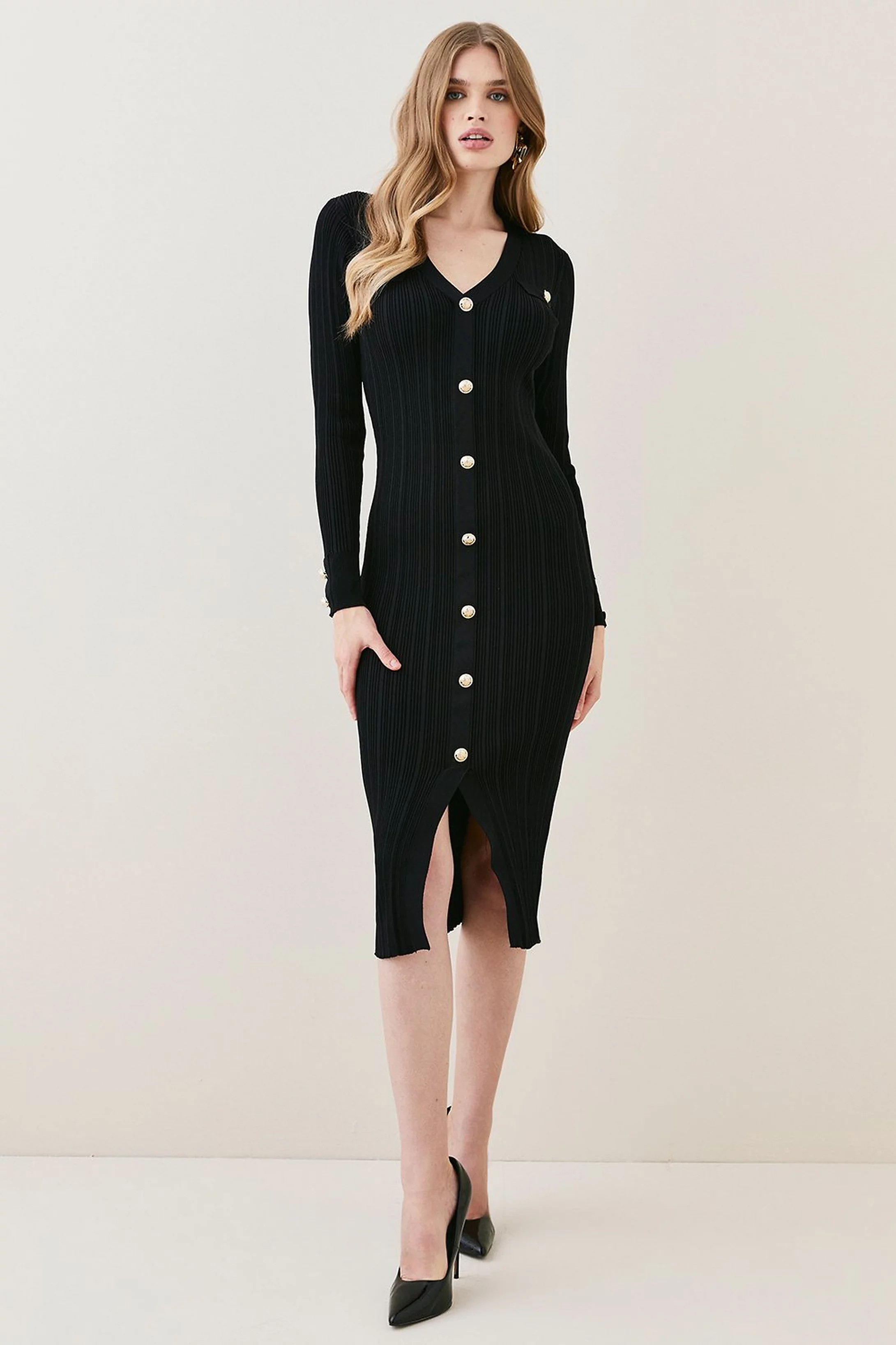Military Button Detail V Neck Knitted Midi Dress | Karen Millen UK + IE + DE + NL