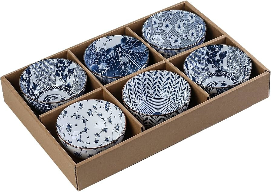 Gegong 6 Pack Ceramic Bowls, Japanese Style , 10 Ounces Thickening Blue and white porcelain Rice ... | Amazon (US)