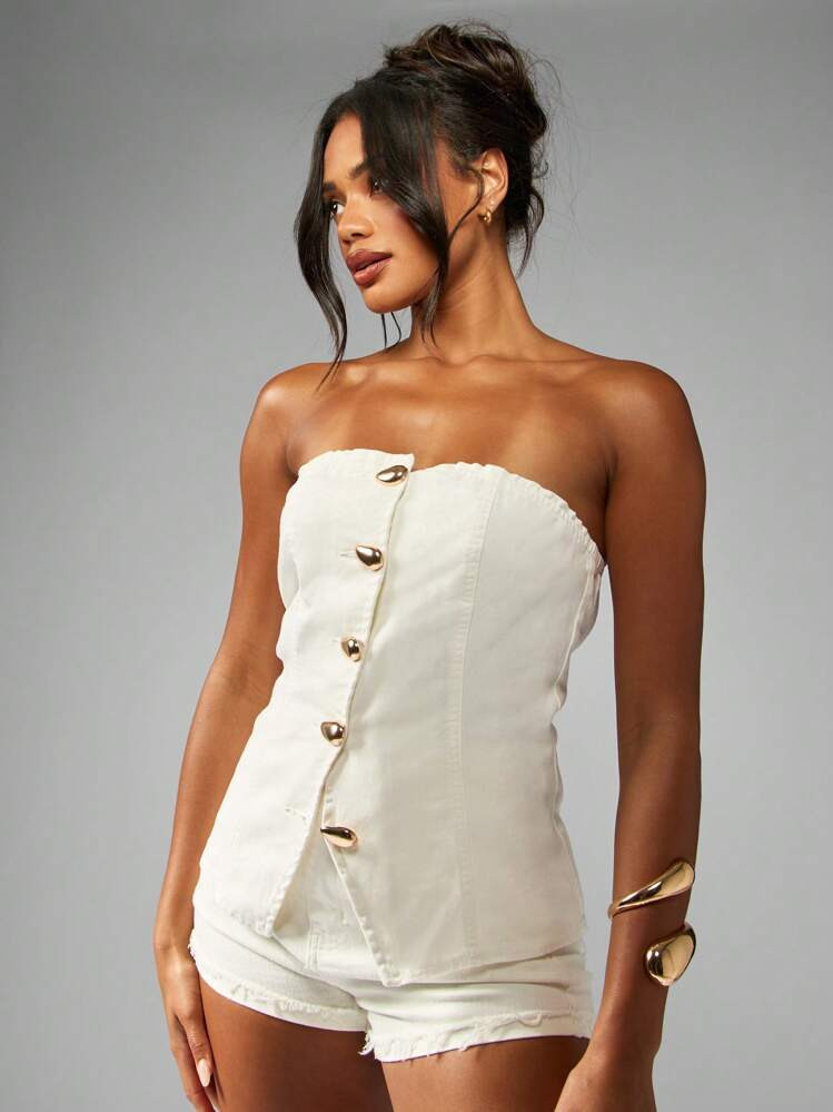 Missguided Bandeau Strapless Denim Button Up Top | SHEIN