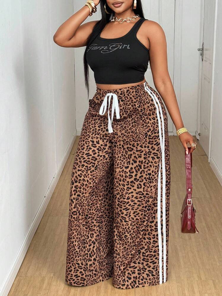 Maweii Plus Size Women Casual Leopard Print Contrast Color Waistband Bowknot Straight Leg Fashion Designed Pants, Versatile 2025 New Arrival | SHEIN
