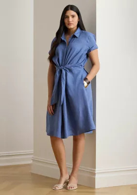 Lauren Ralph Lauren Women's Plus-Size Tie-Front Linen Shirtdress, Blue, 18 W | Belk