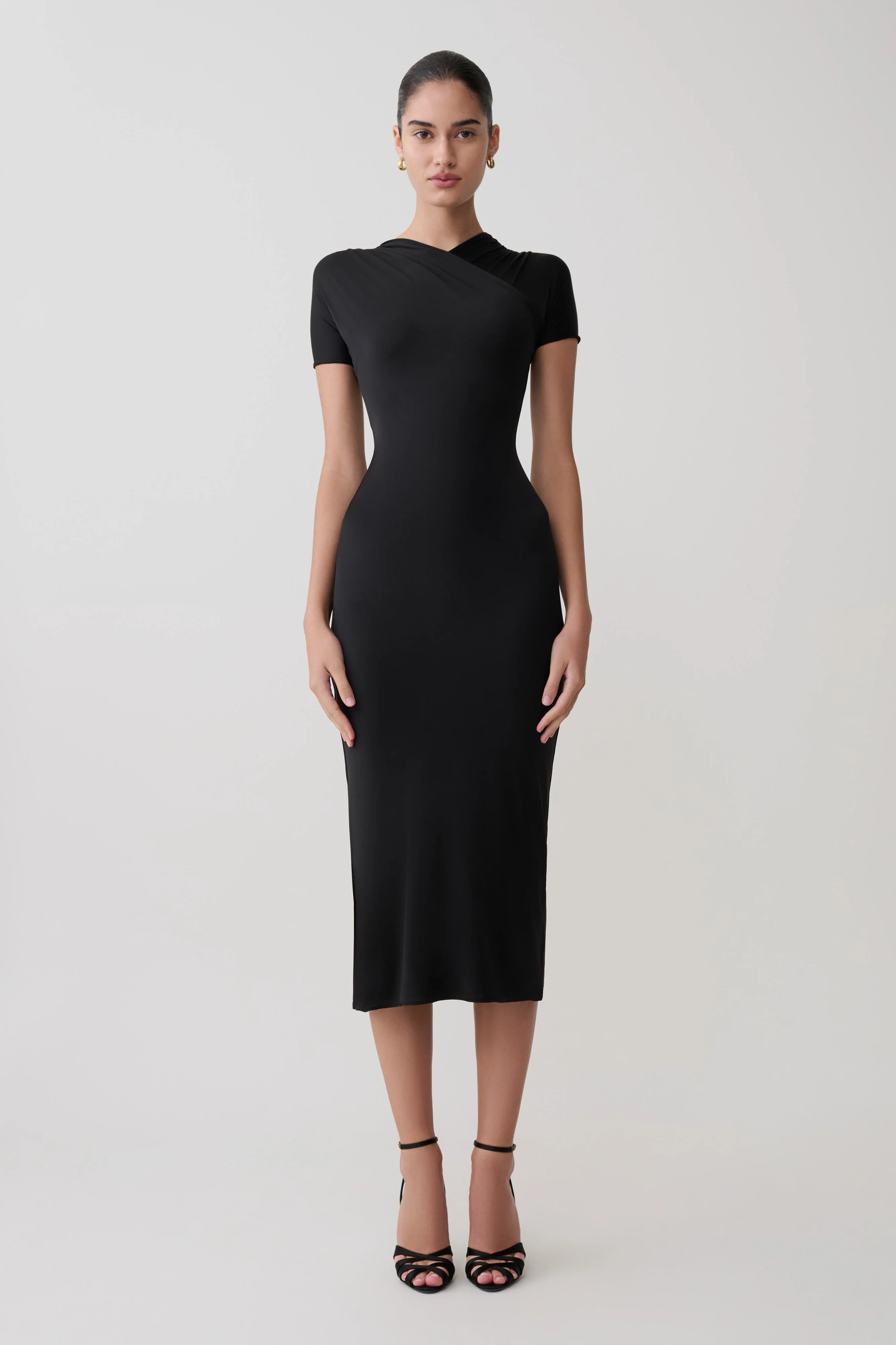 Cross-Over Neck Slinky Maxi Dress - Black | MESHKI US