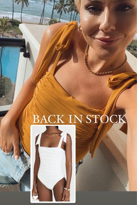 Ruched one piece back in stock in white and black 
Under $100 and sooo cute 

#LTKSwim #LTKTravel #LTKFindsUnder100