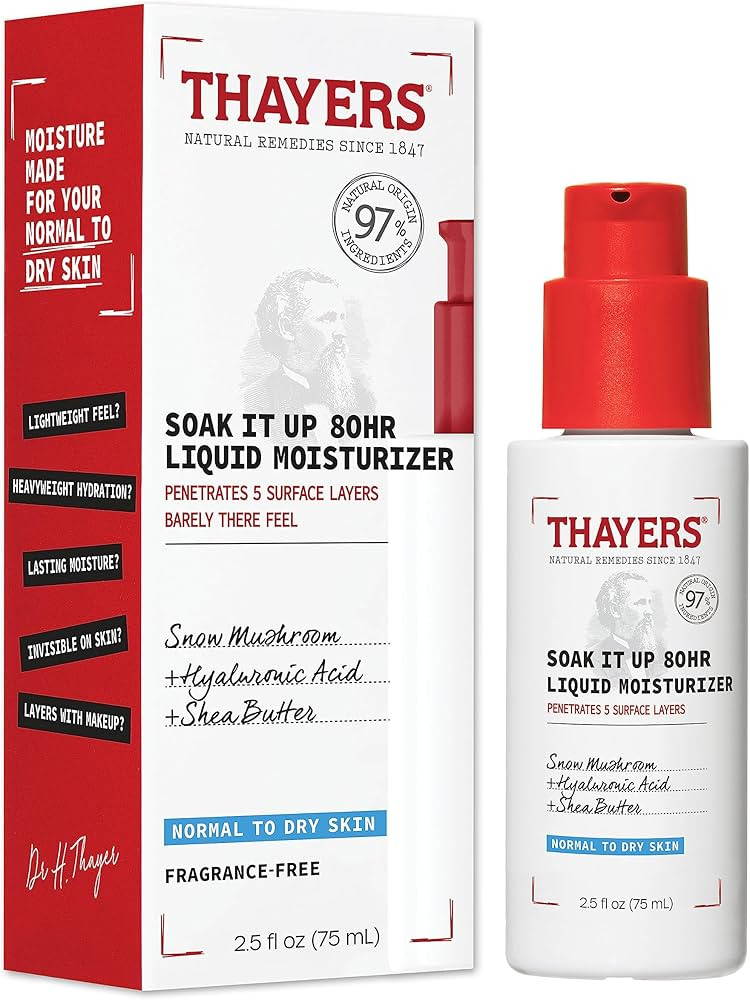 THAYERS Soak It Up 80HR Liquid Moisturizer, Face Moisturizer with Hyaluronic Acid and Snow Mushroom, | Amazon (US)
