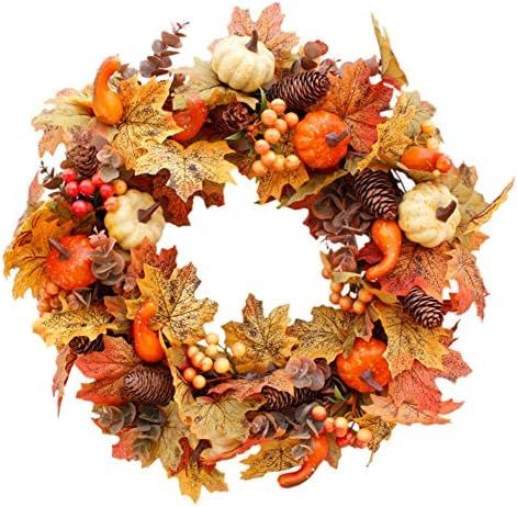 Mrinb Autumn Wreath Artificial Wreath Garland Rattan Frame with Pumpkin, Berries, Pine Cone and M... | Amazon (UK)