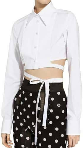 SUNNOW Women's White Long Sleeve Cropped Top with Button Front and Waist Lace-Up | Amazon (US)